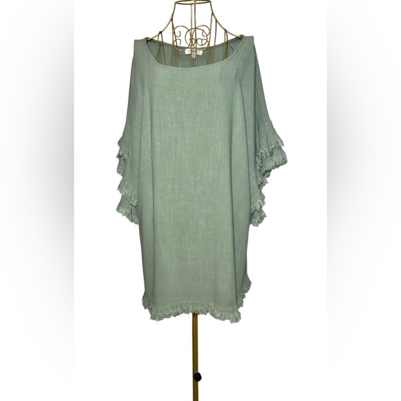 Umgee Boho Linen Blend Long Green Tunic Top w/ Fringed & Tiered Elbow Sleeves XL - Picture 3 of 12